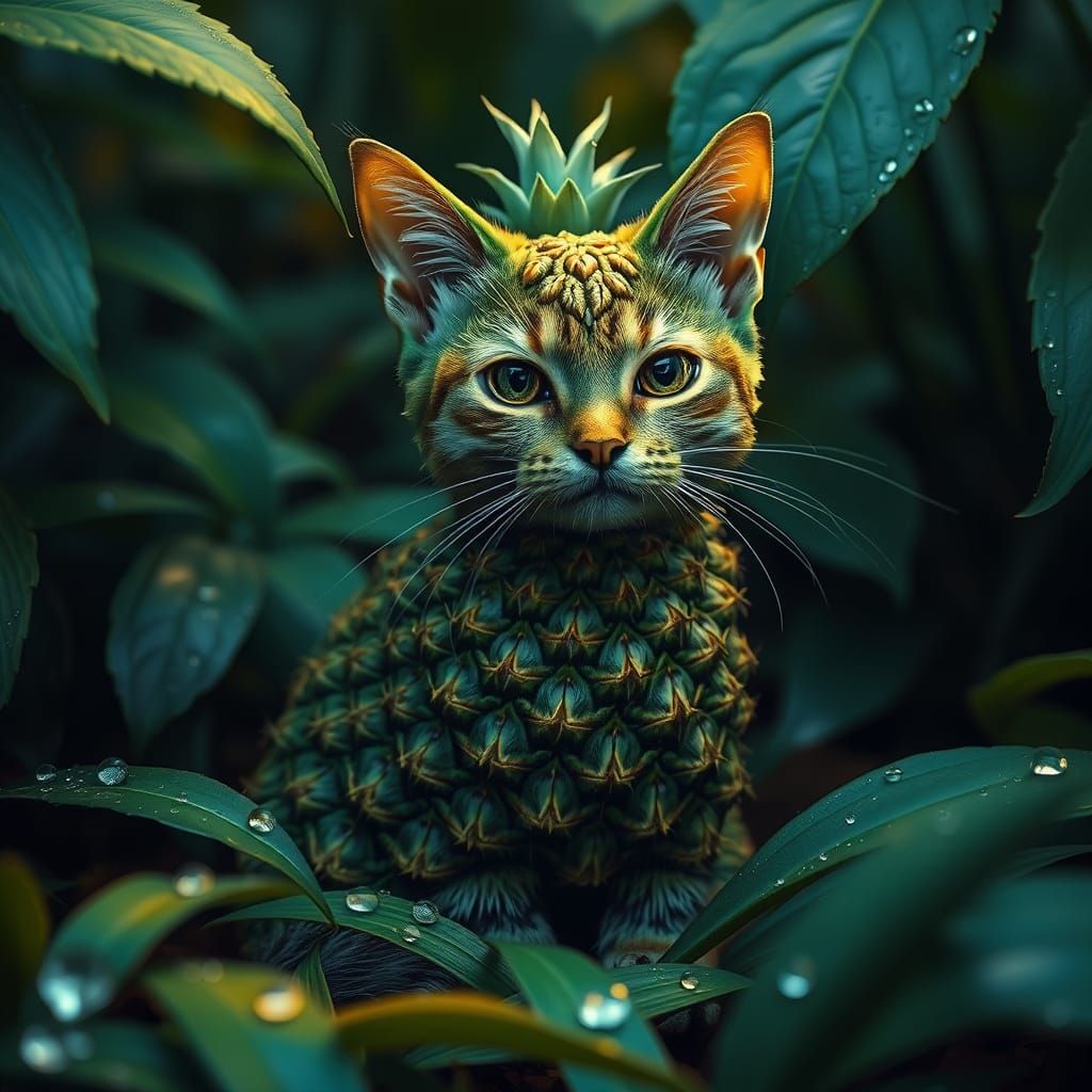Surreal Cat in Pineapple Form Sits on Forest Floor