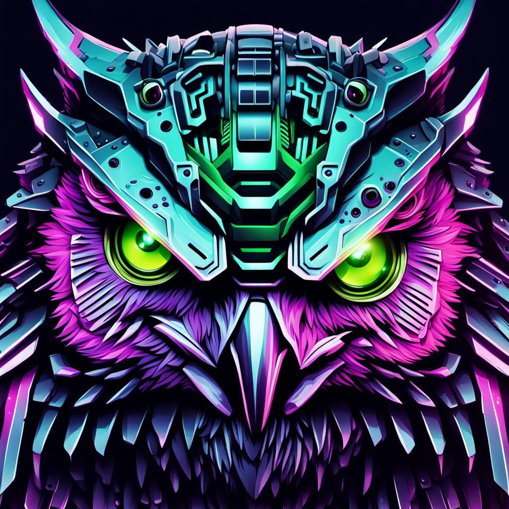 Angry Robotic Owl Head with Neon Green Parts