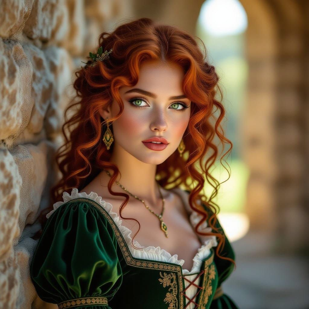 Medieval Portrait of Redhead Woman in Forest Green Dress