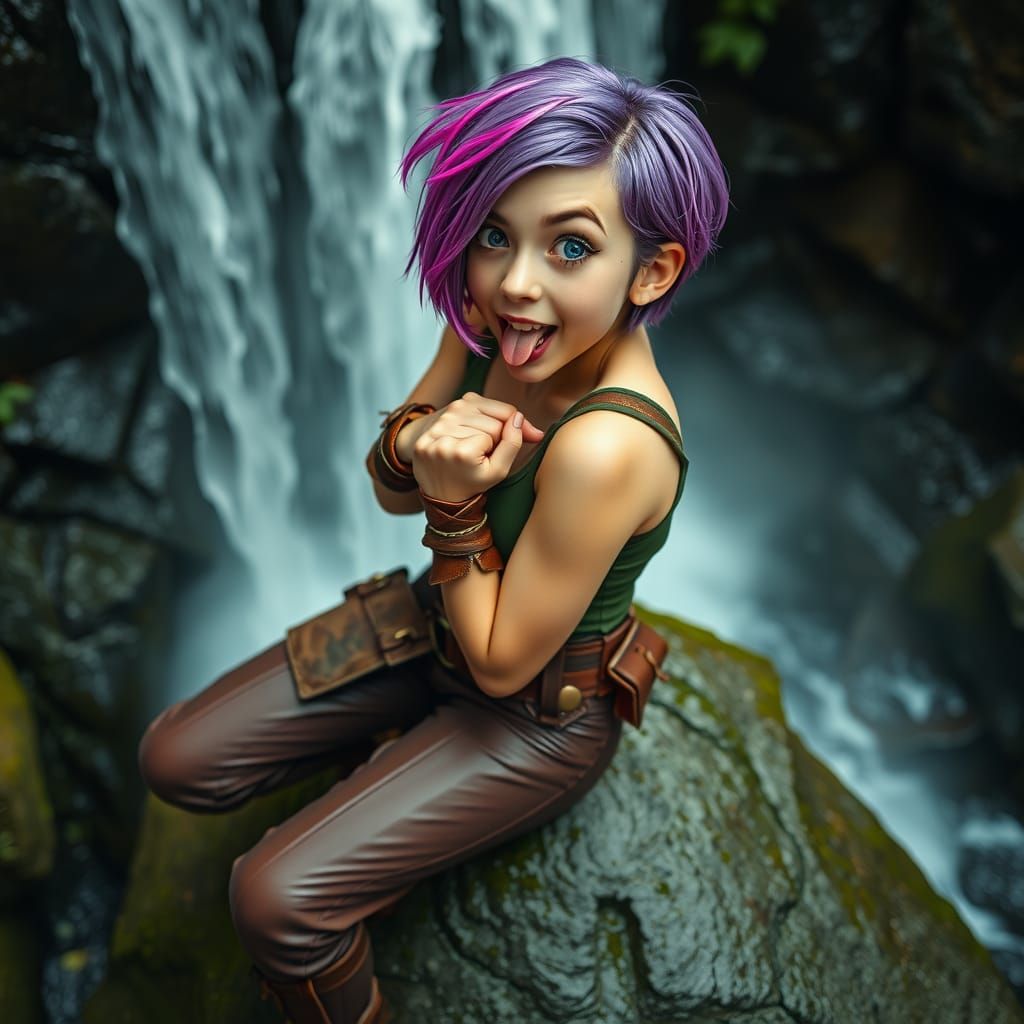 Playful Rogue Girl in Gritty Fantasy Landscape