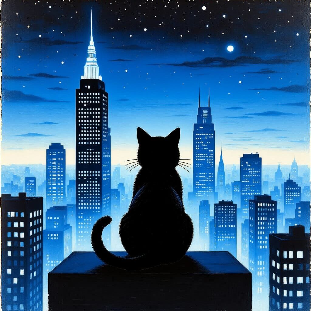 Silhouetted Cat Overlooking Futuristic Cityscape at Night