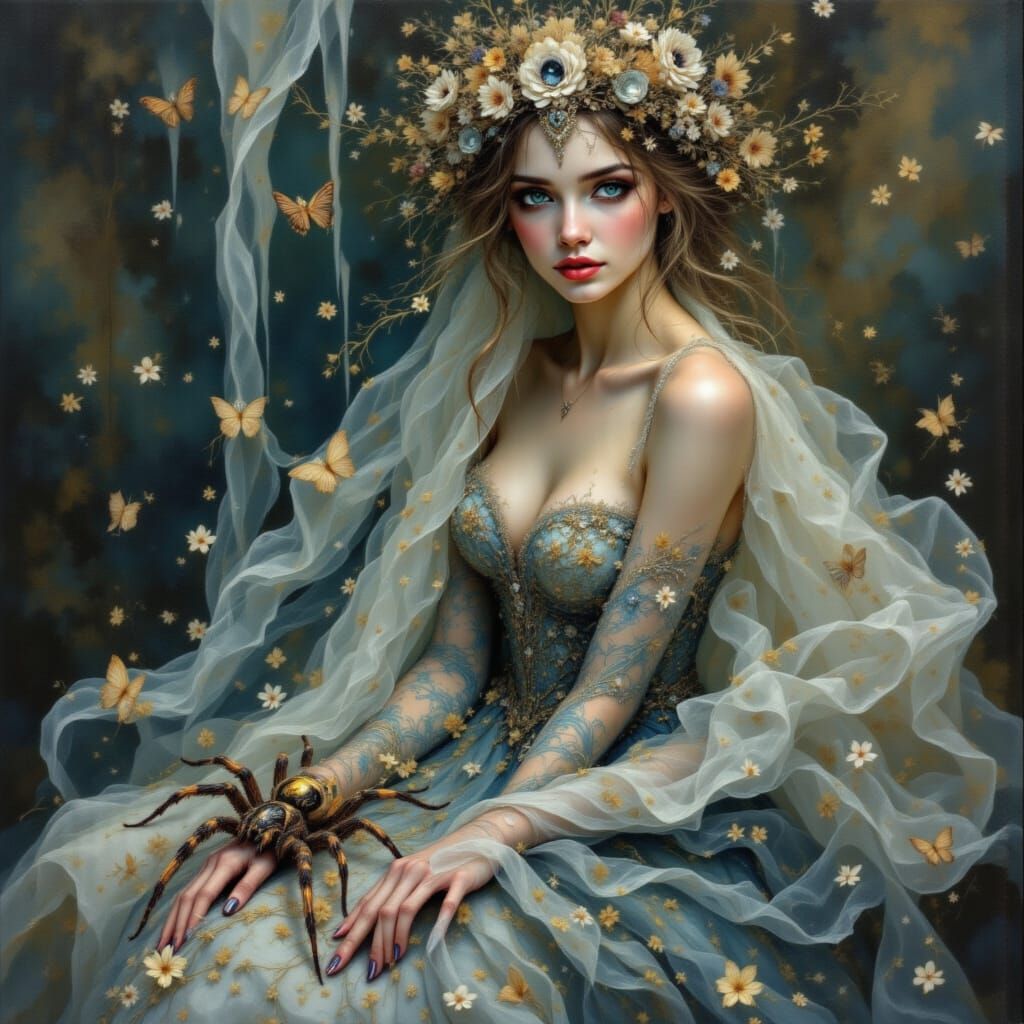 Beautiful Woman With Spider Weaving Dress, Nouveau Impressio...