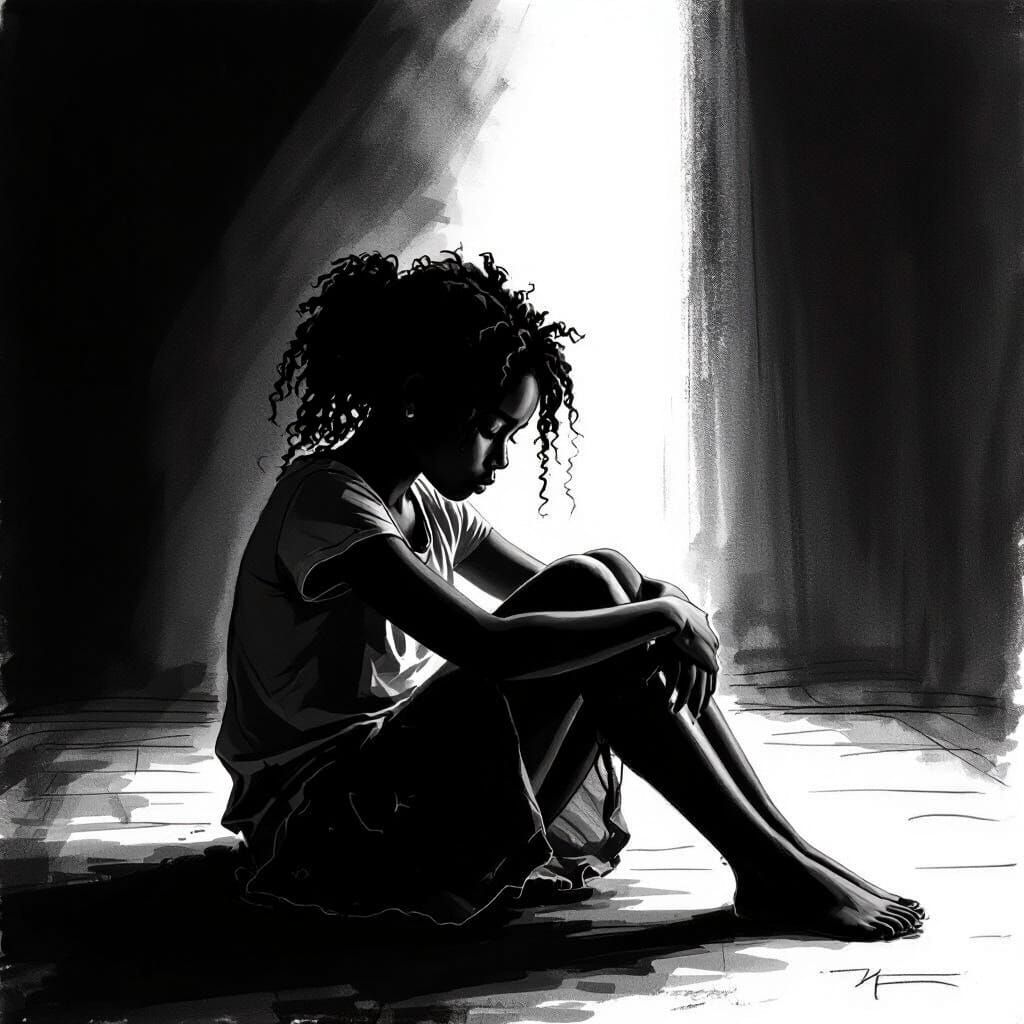 Depressed Girl Alone in Dark Room