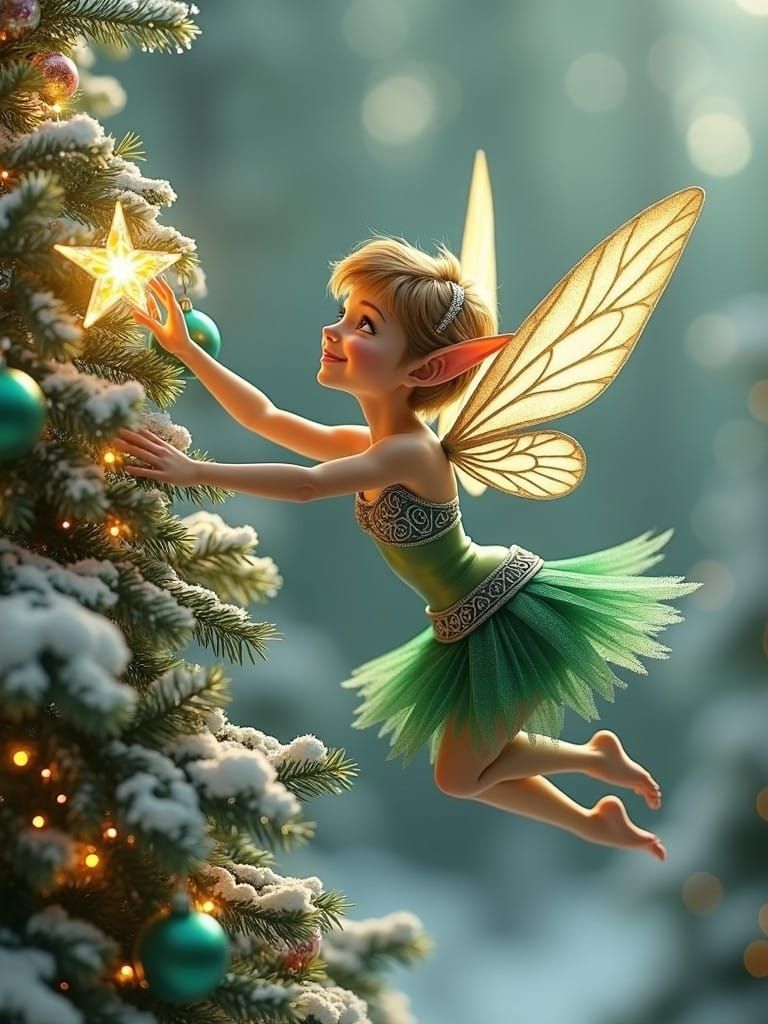 Pixie Fairy Flies Towards Majestic Christmas Tree in Emerald...
