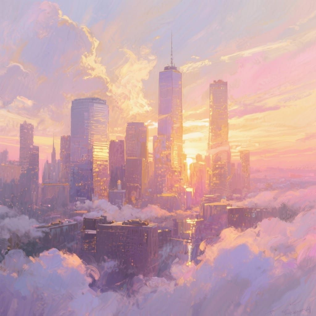 City Sunset Double Exposure in Impressionist Style