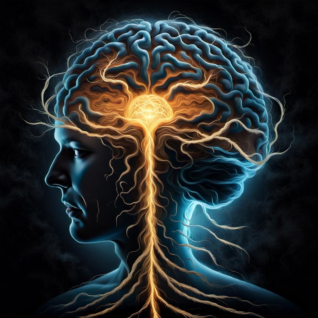 Inside the brain, well-worn paths symbolize established beliefs, while glowing tendrils reach outwards into the darkness...