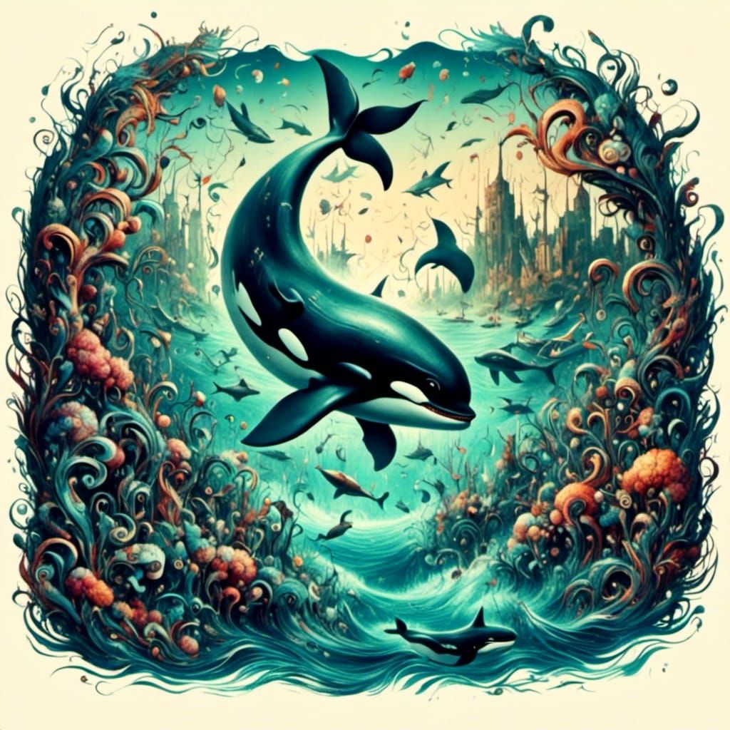 Whimsical Killer Whale in Shipwreck, Impressionist Style