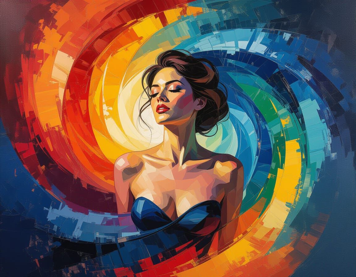 Abstract Energy Vortex with Woman, Bold Brushstrokes