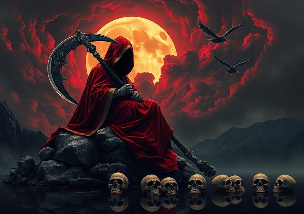 Hooded Figure with Scythe Under Crimson Moon