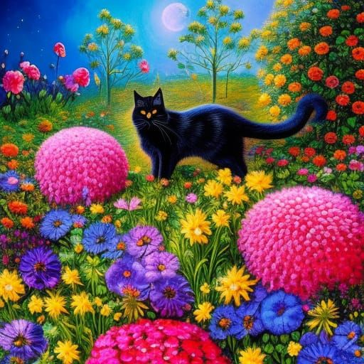 Black Cat in Flower Garden, Josephine Wall Style