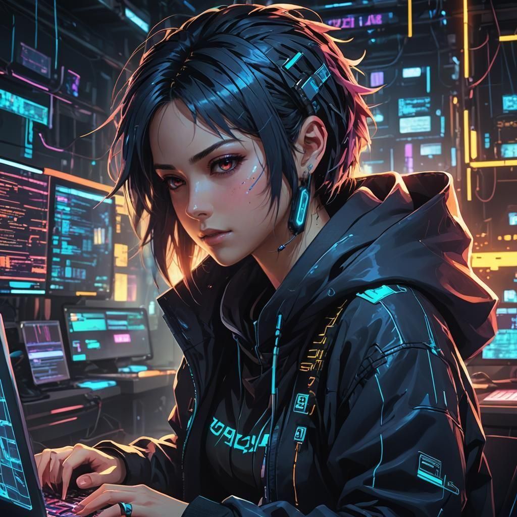 Beautiful Hacker Girl in Anime Style