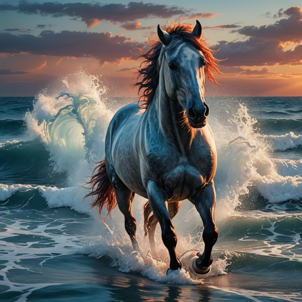 Horse in Ocean: Hyperrealistic Sunset Photography