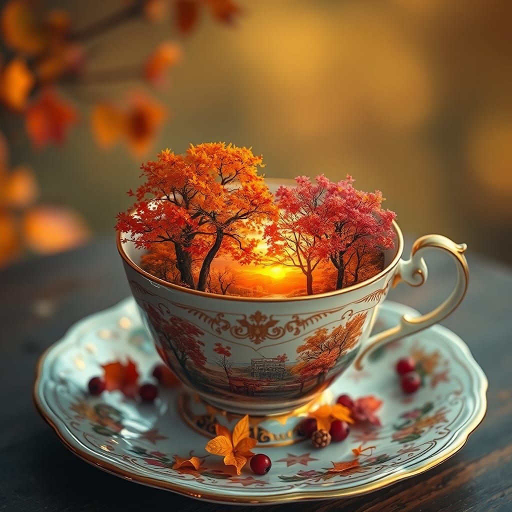 Autumn Sunset Diorama in Vintage Teacup