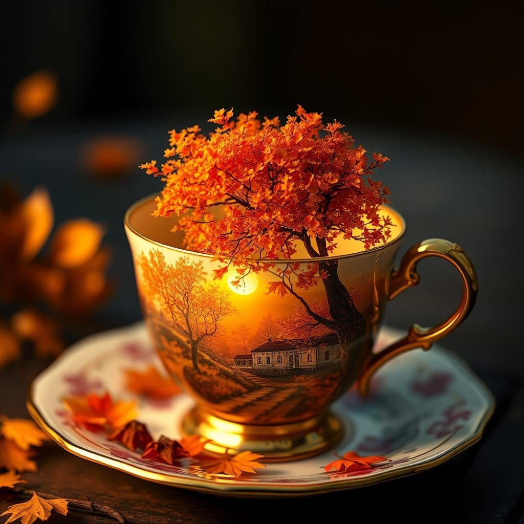 Autumn Sunset Diorama in Vintage Teacup