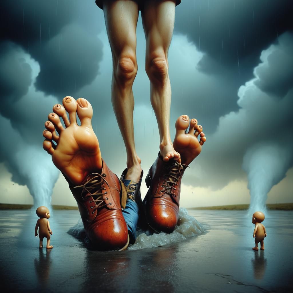 Surreal Tiny Man with Giant Foot