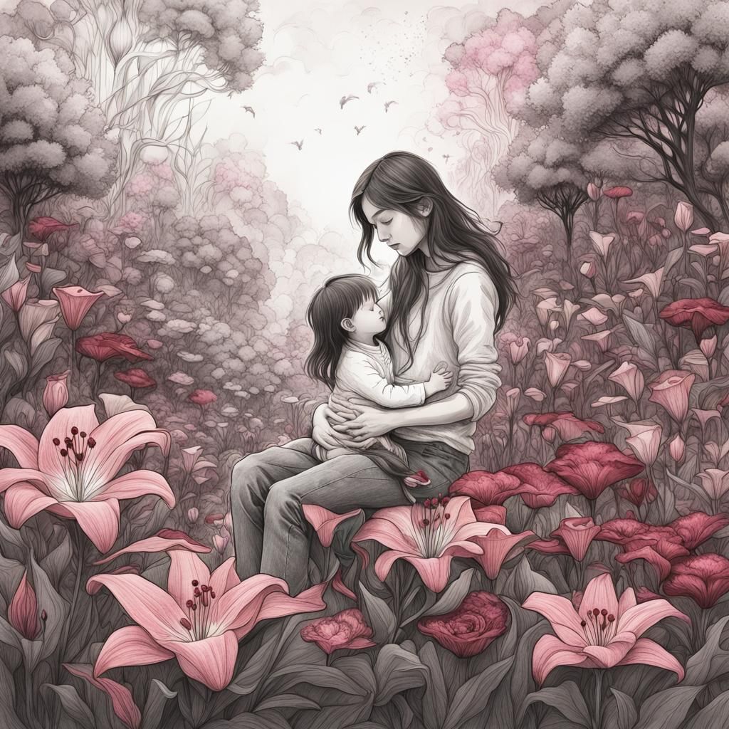 Girl and Baby in Lily Garden: Charcoal Sketch