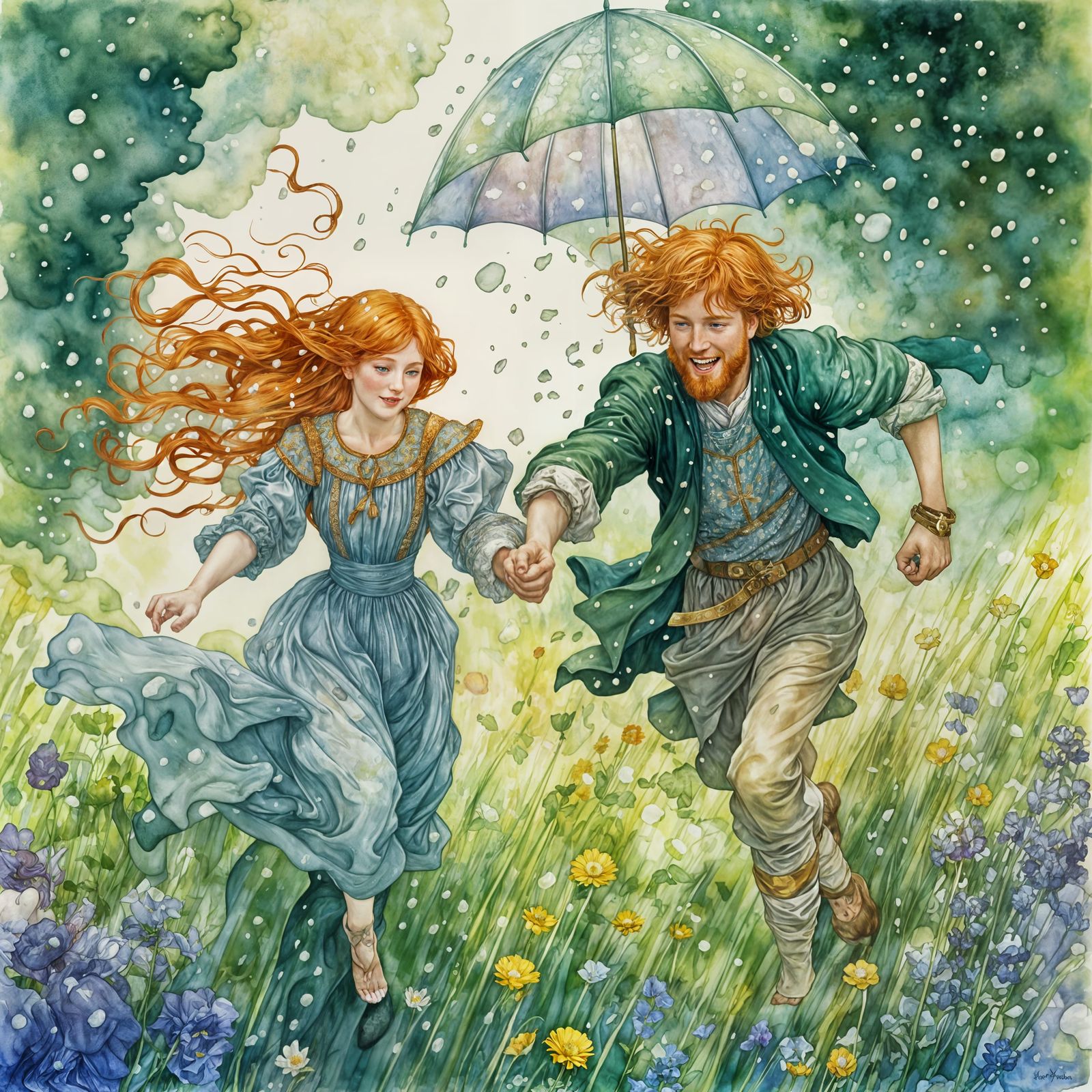Redhead Royalty Embrace Rainy Summer: Watercolor Illustratio...