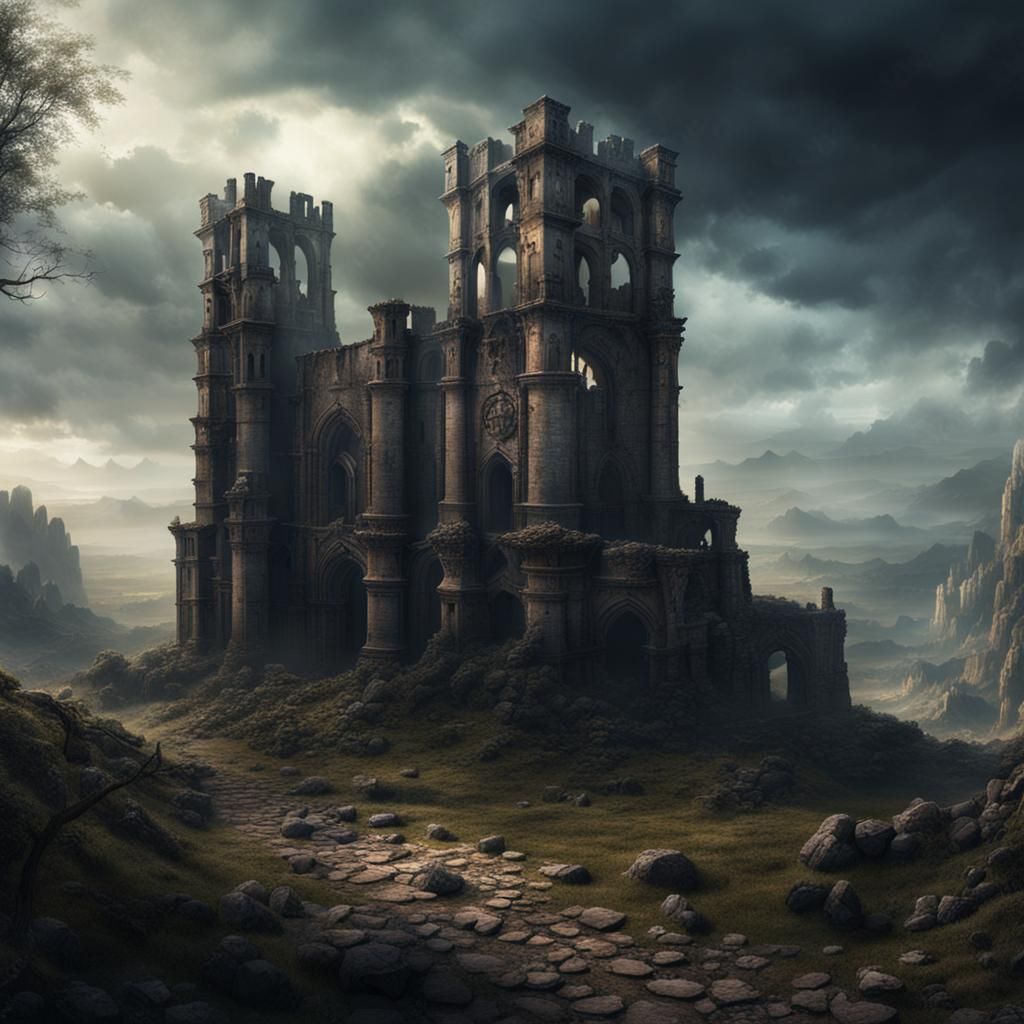 Dark Fantasy Tower Ruins in Spanish Medieval Style