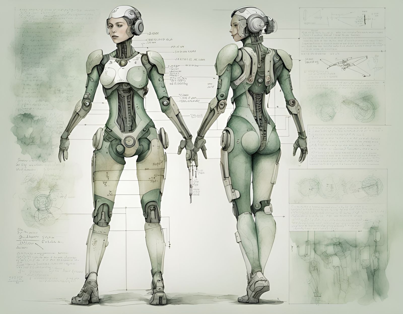 Detailed Schematic of a Beautiful Female Cyborg