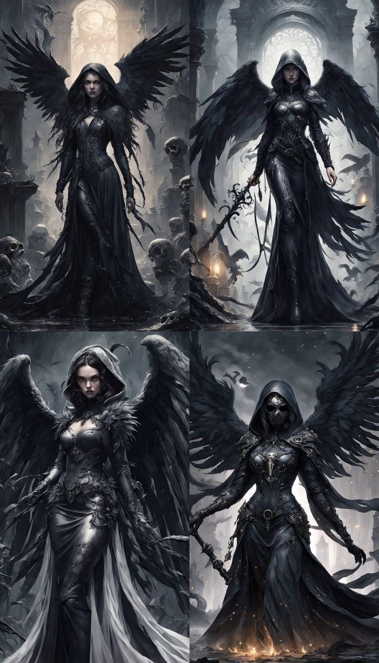 A female figure grim reaper stands in an ethereal setting, s...