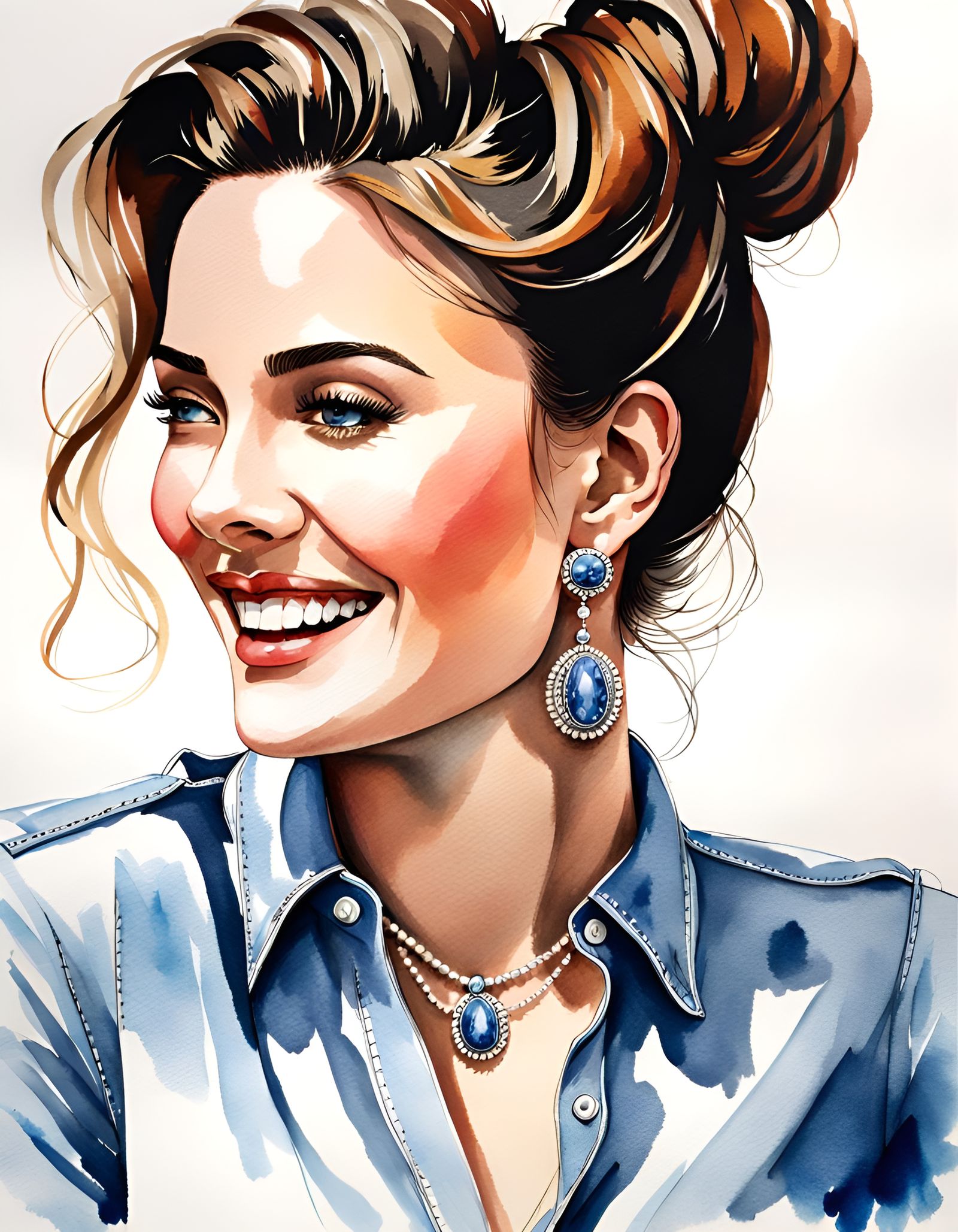 Elegant Woman in a Messy Bun Portrayed in Watercolor