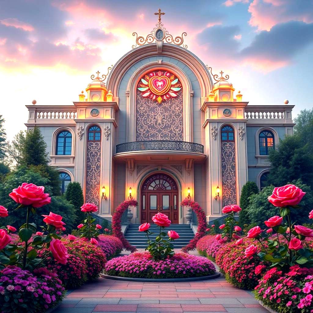 Art Deco Architecture with Garden and Heart Design