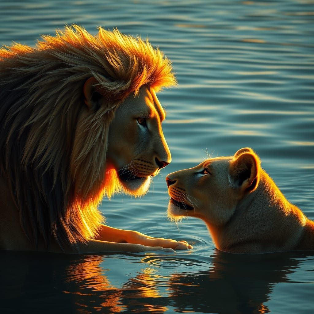 Regal Lion and Lioness in Golden Serenity