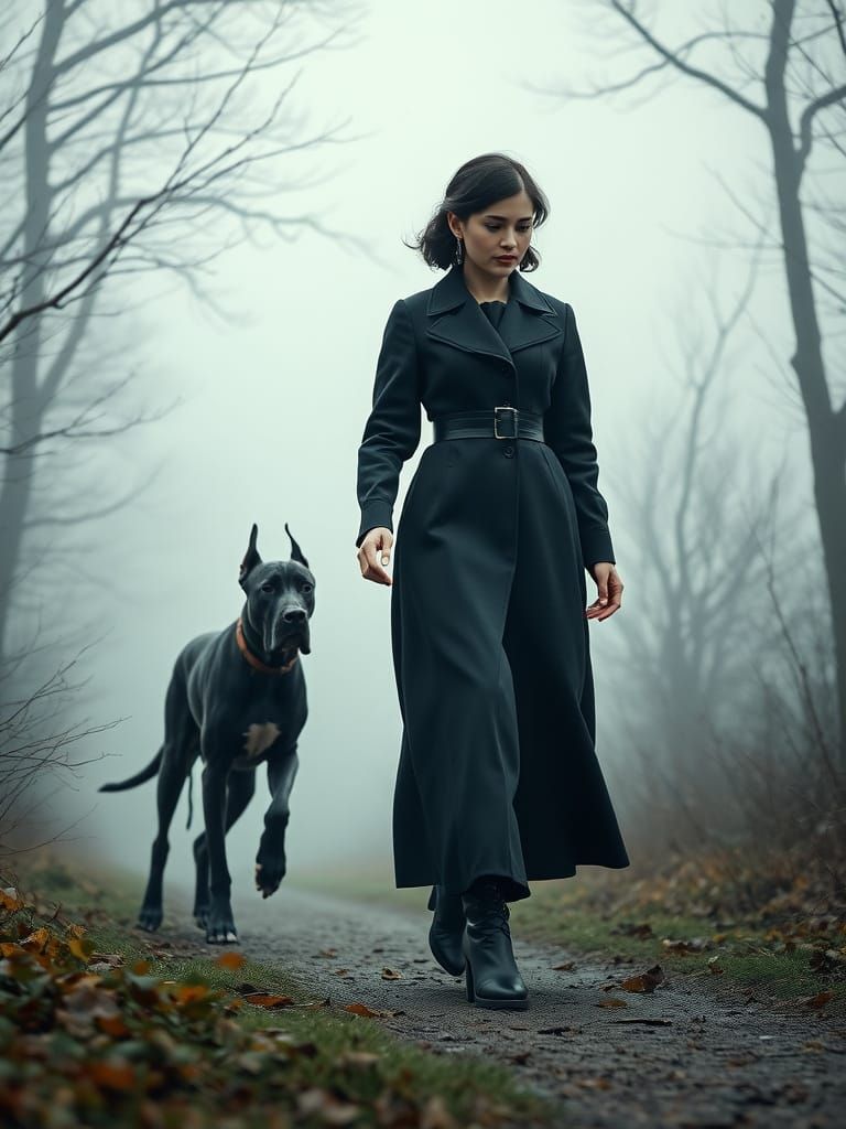 Woman and Great Dane in Misty Woodland