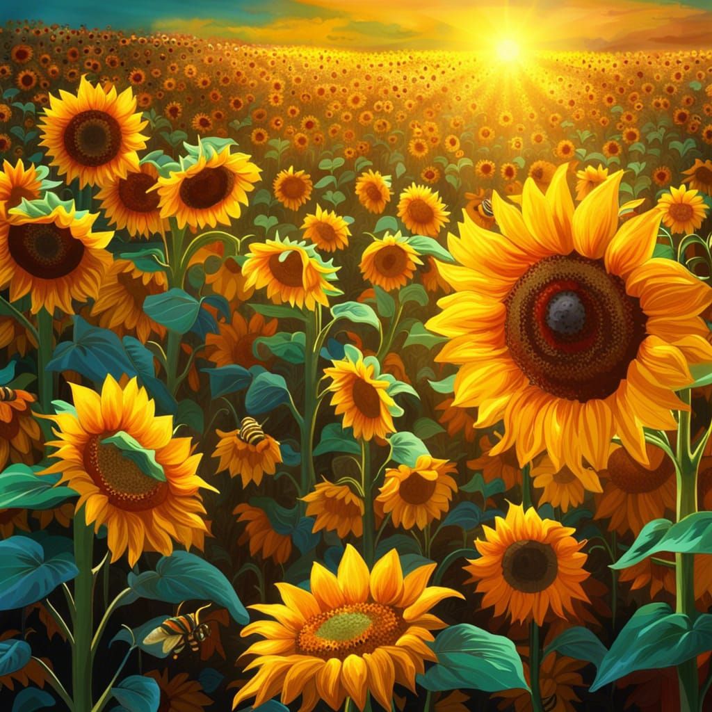 Golden Sunflower Field Bathed in Heavenly Light