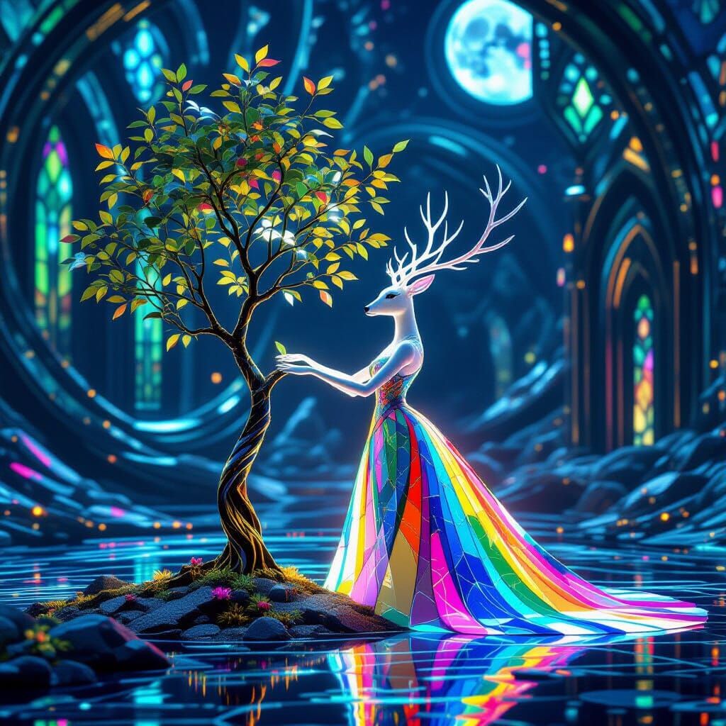 Luminous Deer Plants a Tree in Dark Fantasy Art