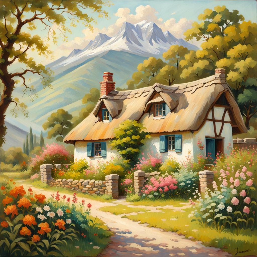 Idyllic Cottage with Lush Gardens, Oil Painting