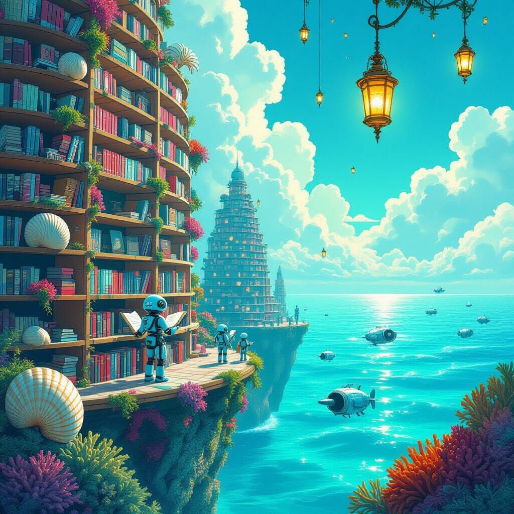 Coral Bookshelves Under Turquoise Skies: Steampunk Dreamscap...