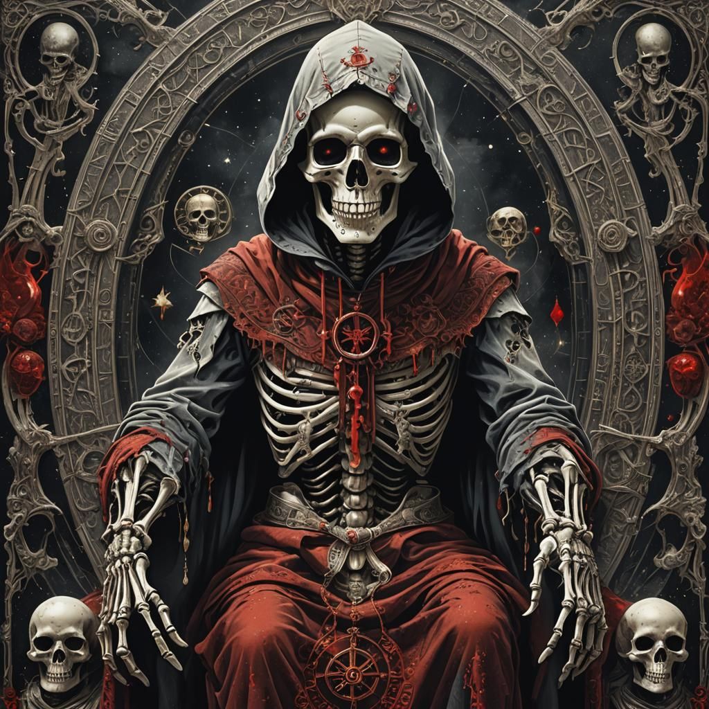 Macabre Tarot Card: The Magician in Black, White, and Red