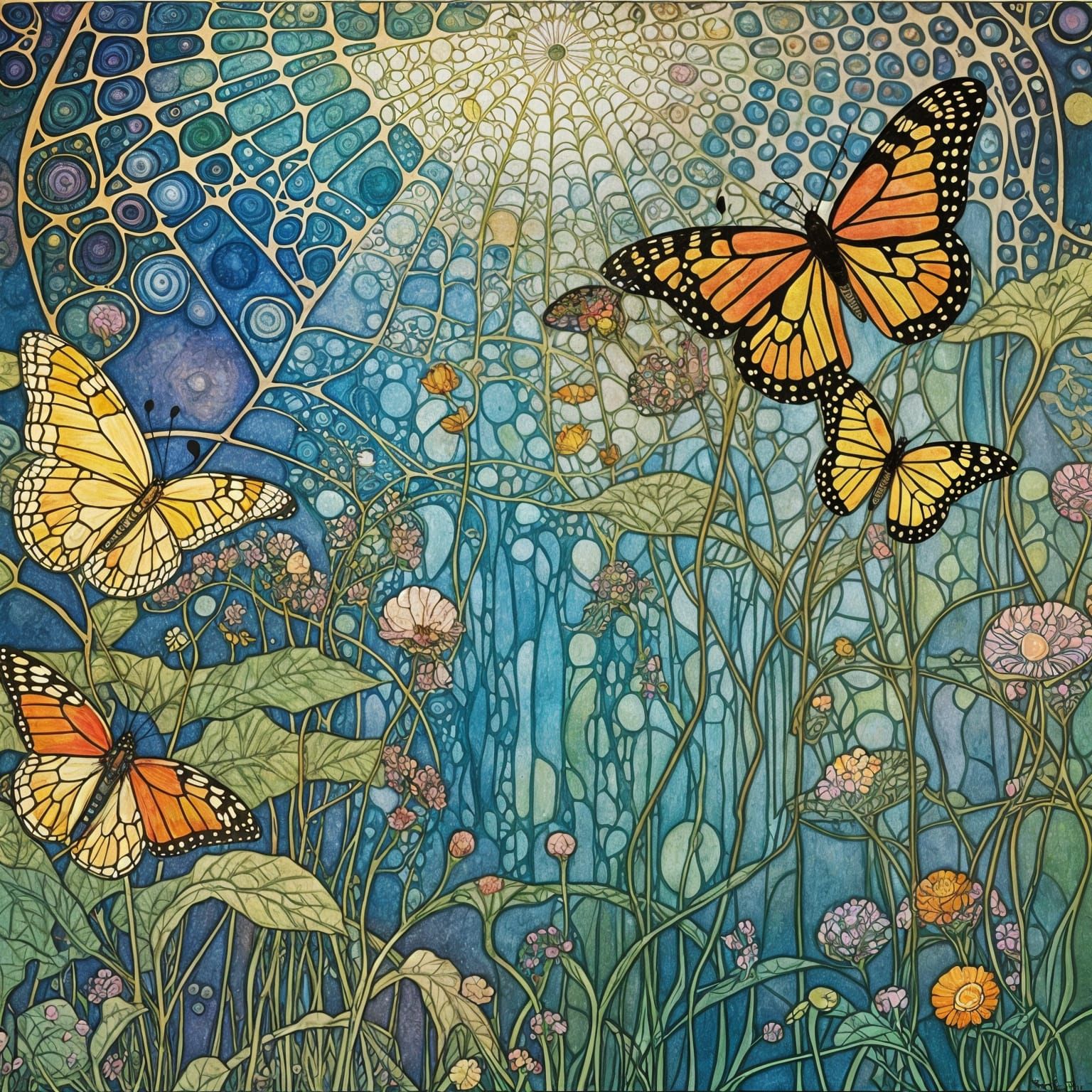 Art by Gustav Klimt, Alphonse Mucha, an ethereal garden scene where every surface is drenched in iridescence, from dew-k...