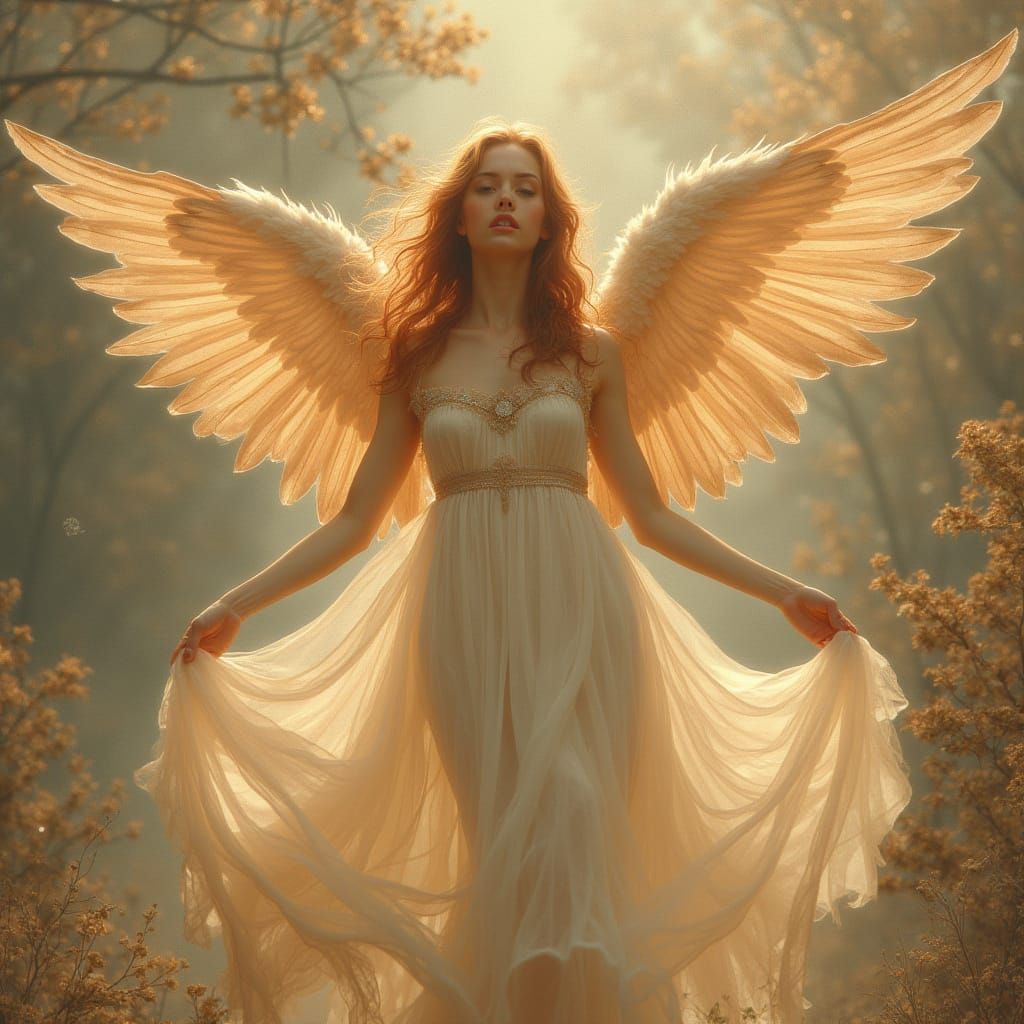 Ethereal Earth Angel with Shimmering Feathers in Soft Rose G...