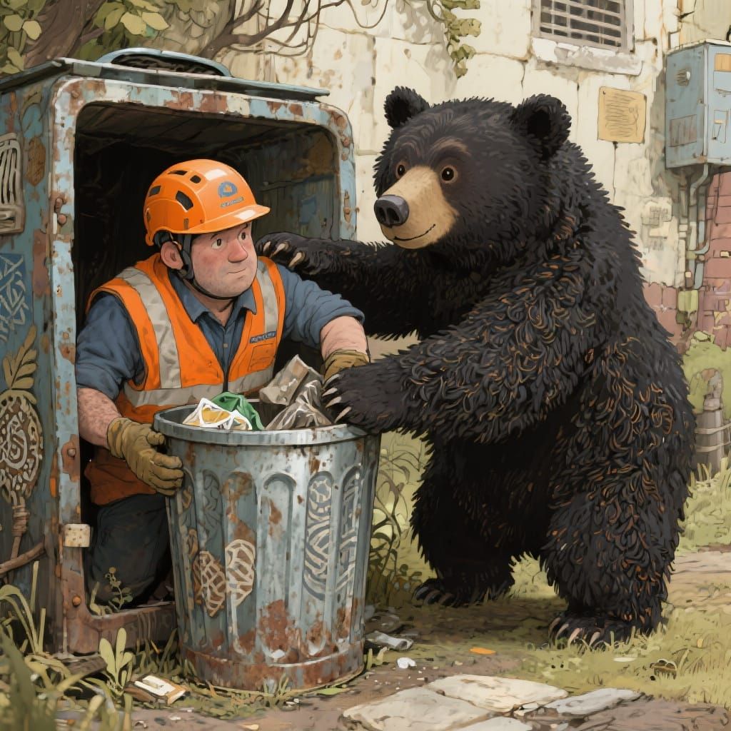Binman Rescued by Bear in Whimsical Style