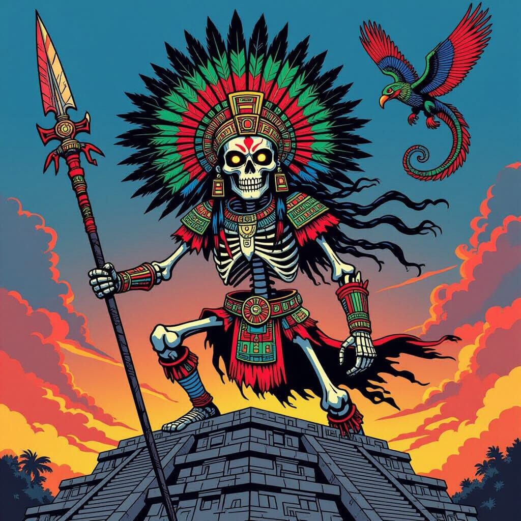 Aztec Skeleton Warrior with Quetzalcoatl, Horror Comic Style
