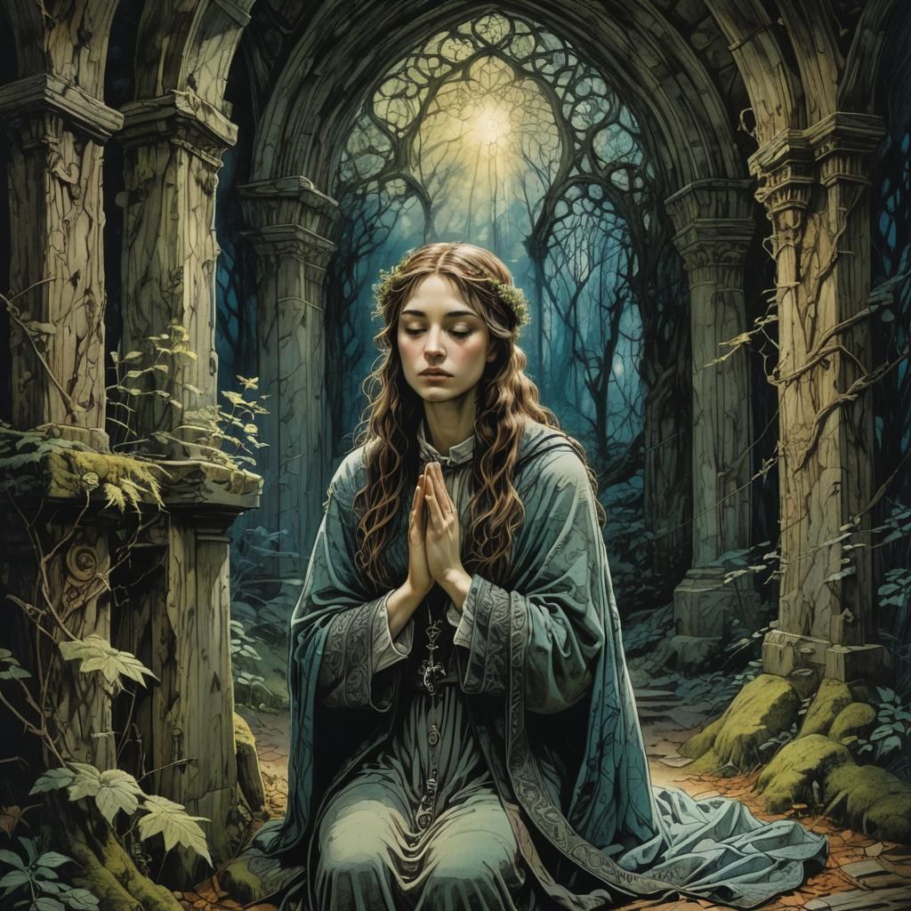 Medieval Forest Chapel Prayer Scene in Romantic Style