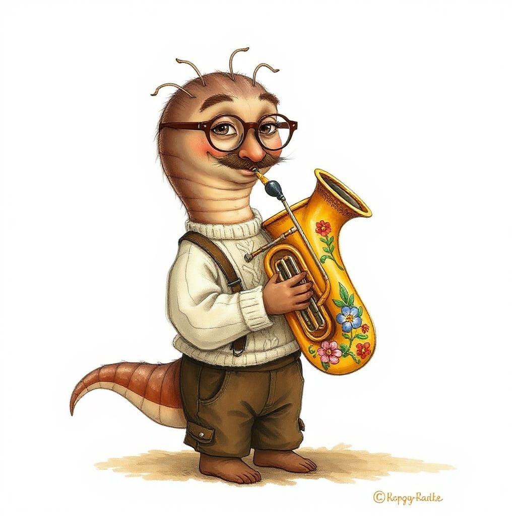 Whimsical Worm Plays Tuba in Lederhosen