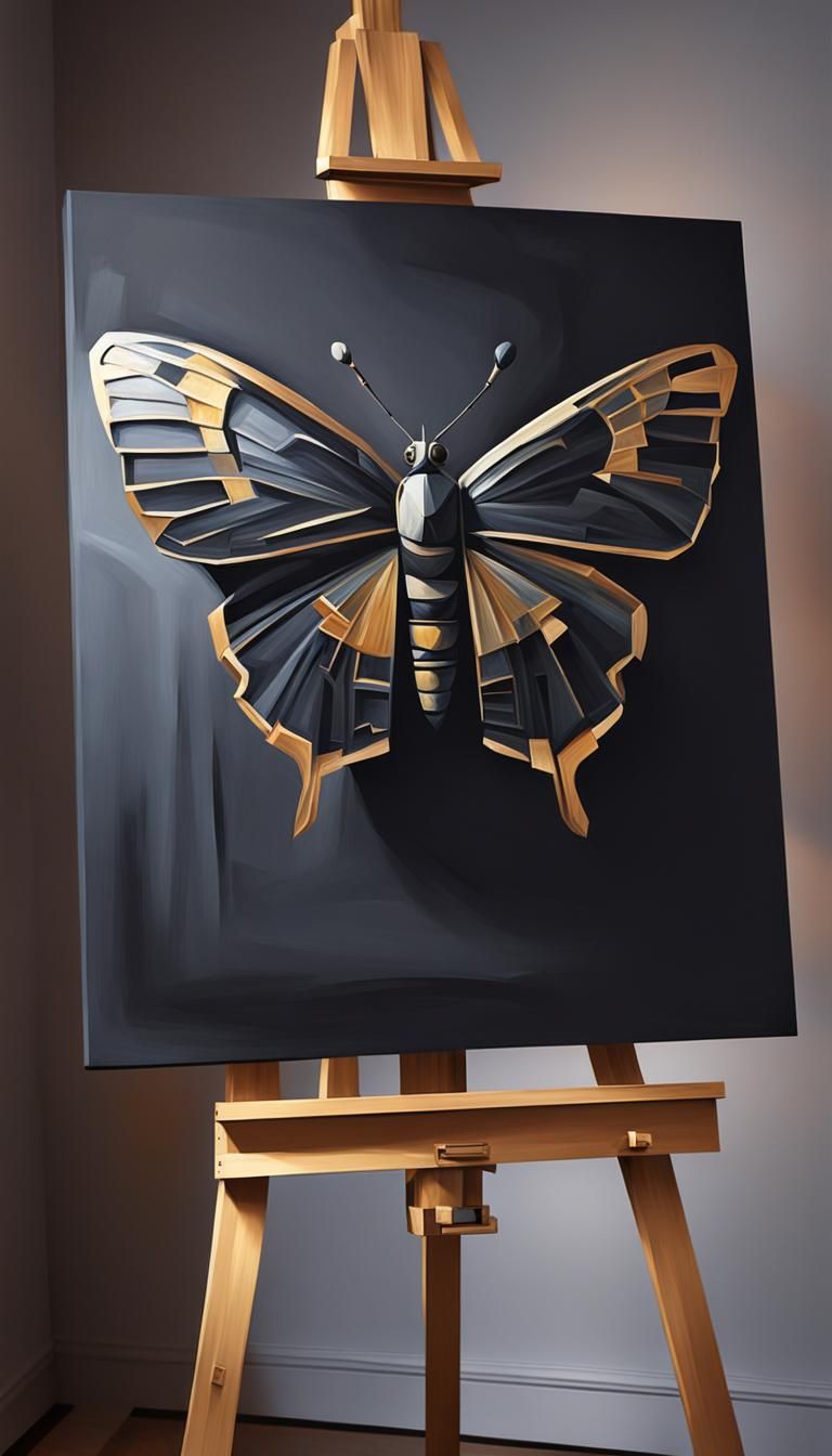 Cubist Moth Painting with Golden Highlights