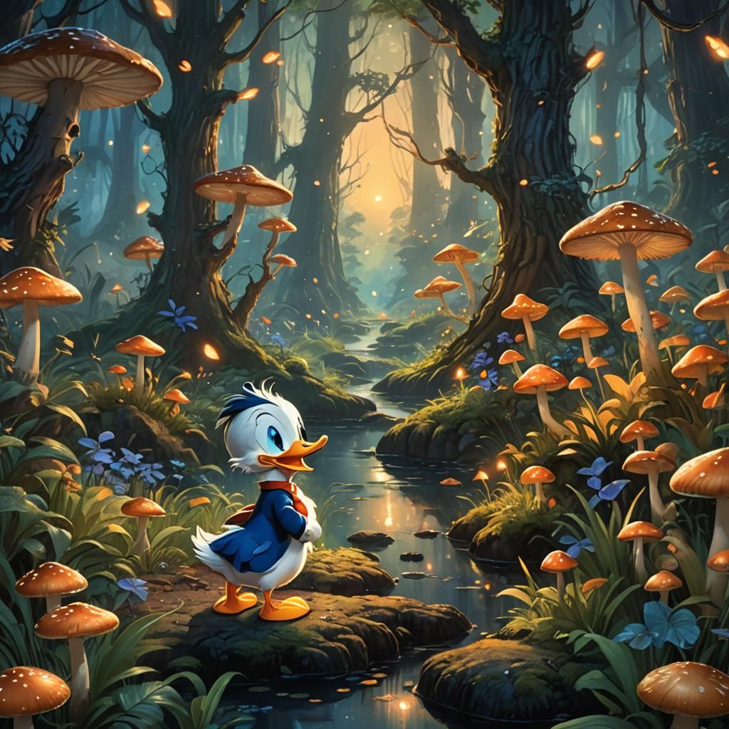 Baby Donald Duck in Lush Forest, Fantasy Concept Art
