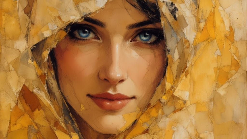 Veiled Woman in Desert, Klimt-Inspired Art