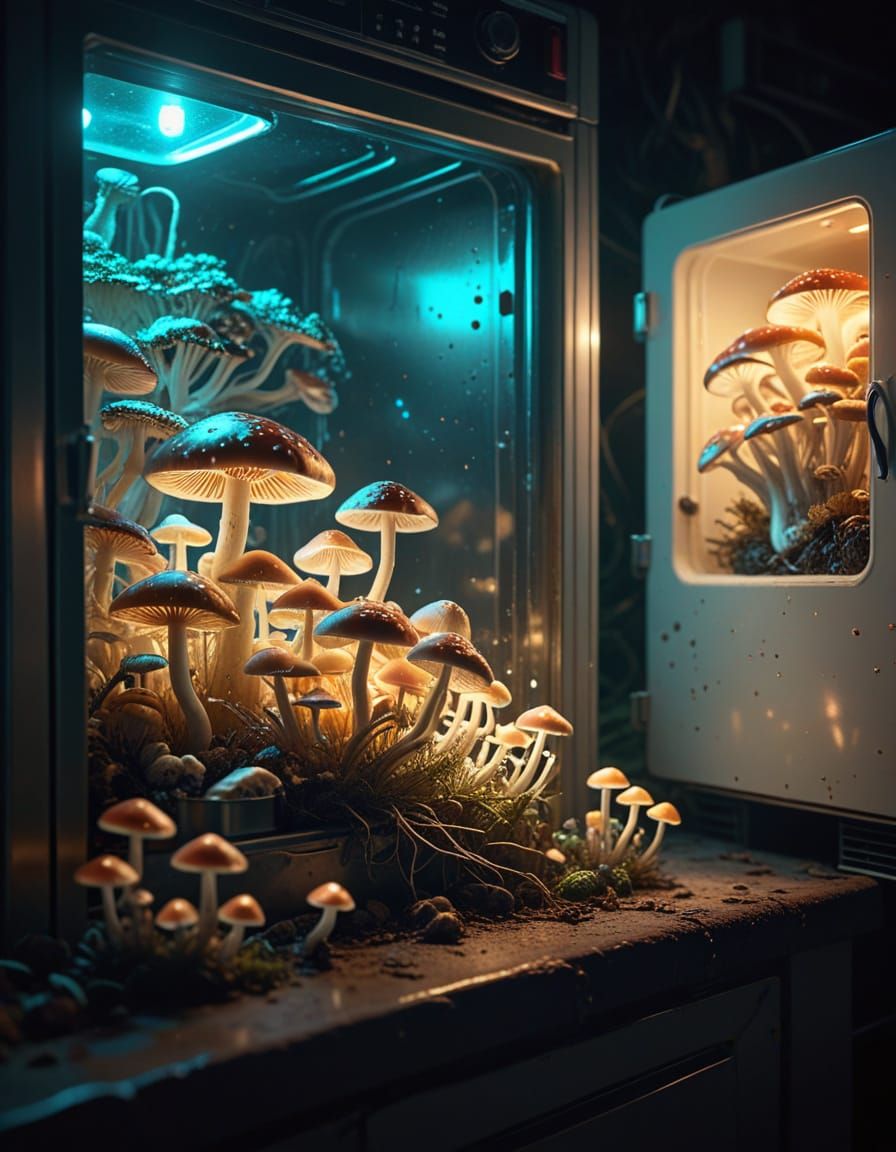 Surreal Mushrooms Growing in Retro Refrigerator