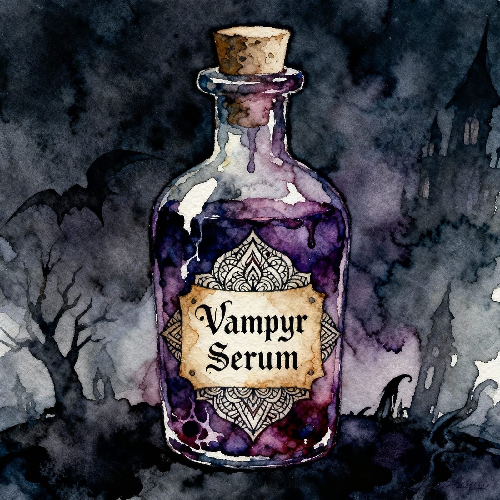 Intricately detailed alcohol ink illustration, Potions with ...
