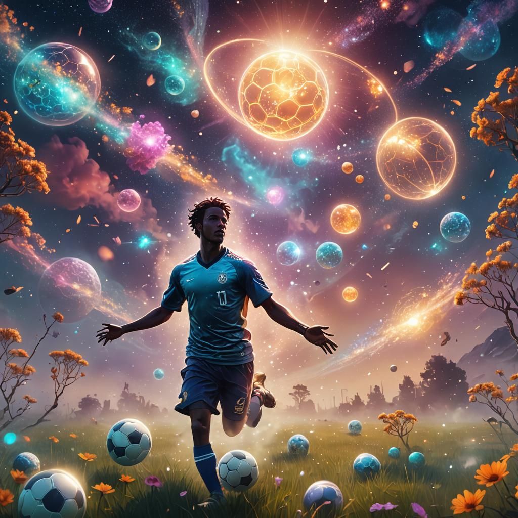 Cosmic Football in Surreal Astral Landscape