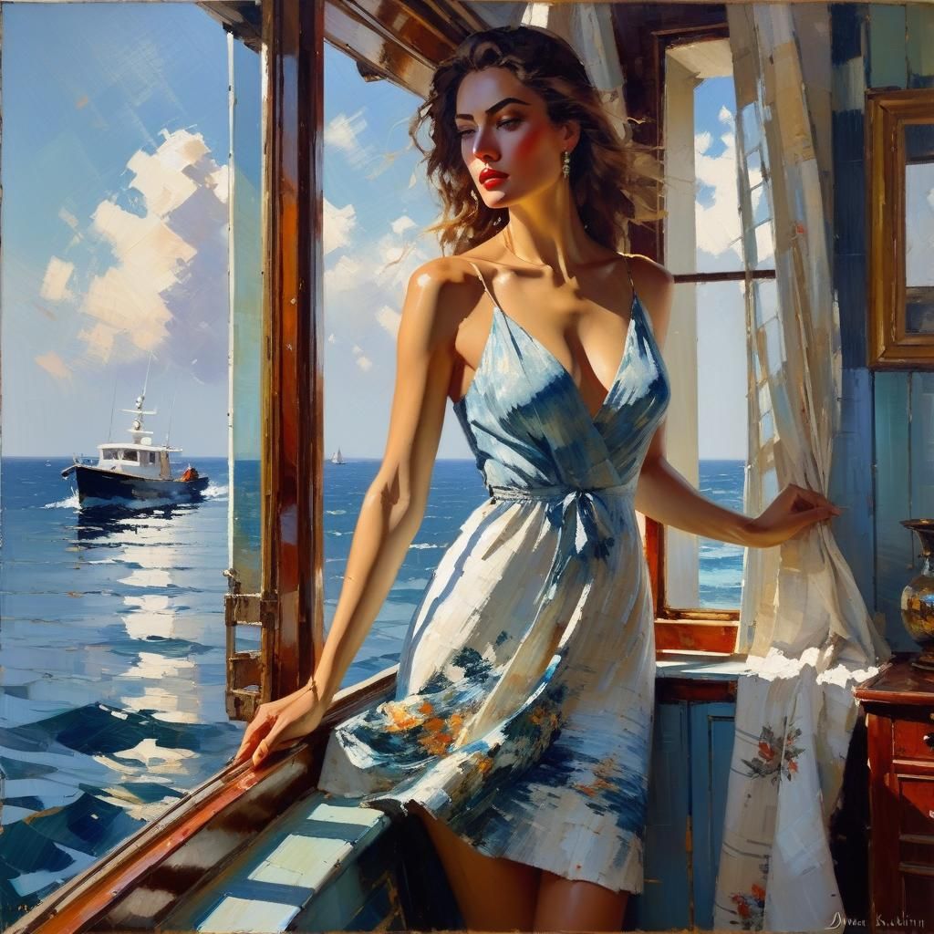 Woman in Sundress at Sea: Impressionist Oil Painting