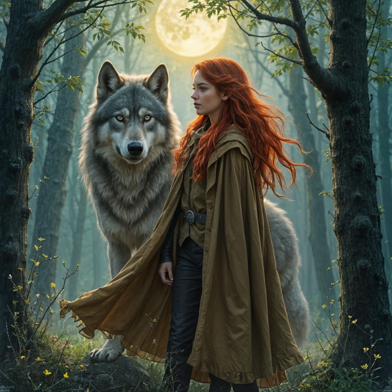 Mystical Woman and Grey Wolf in Moonlit Forest