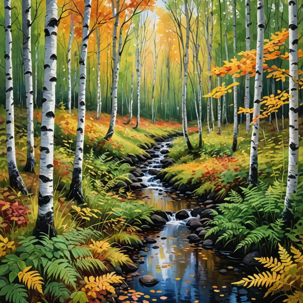 Autumn Birch Forest Stream in Gouache Style