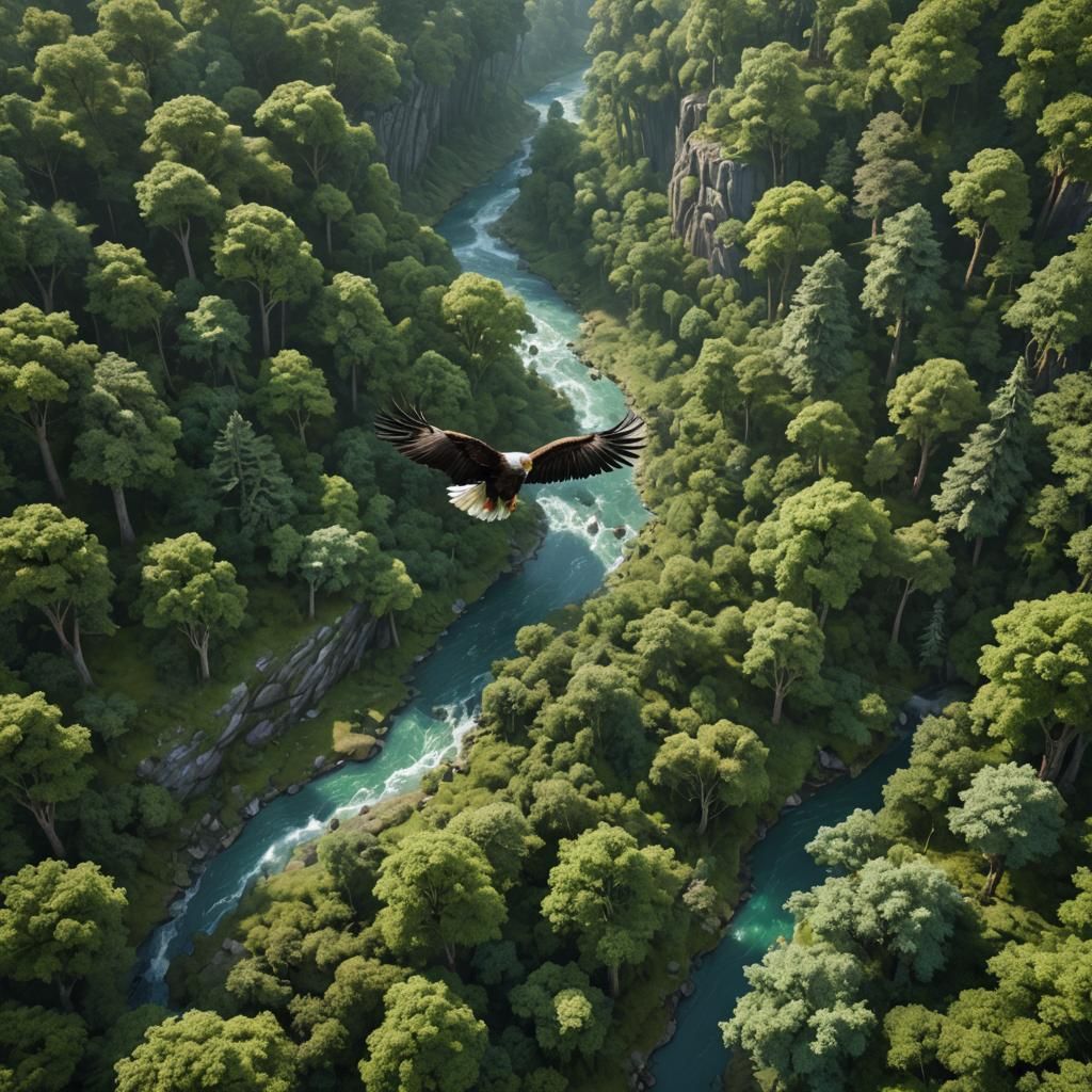 Magical Forest with River and Eagles, Detailed Matte Paintin...