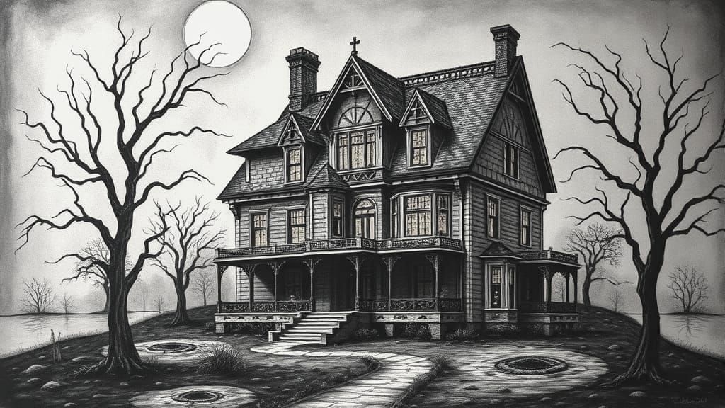 Creepy Victorian House: Edward Gorey Style Ink Painting